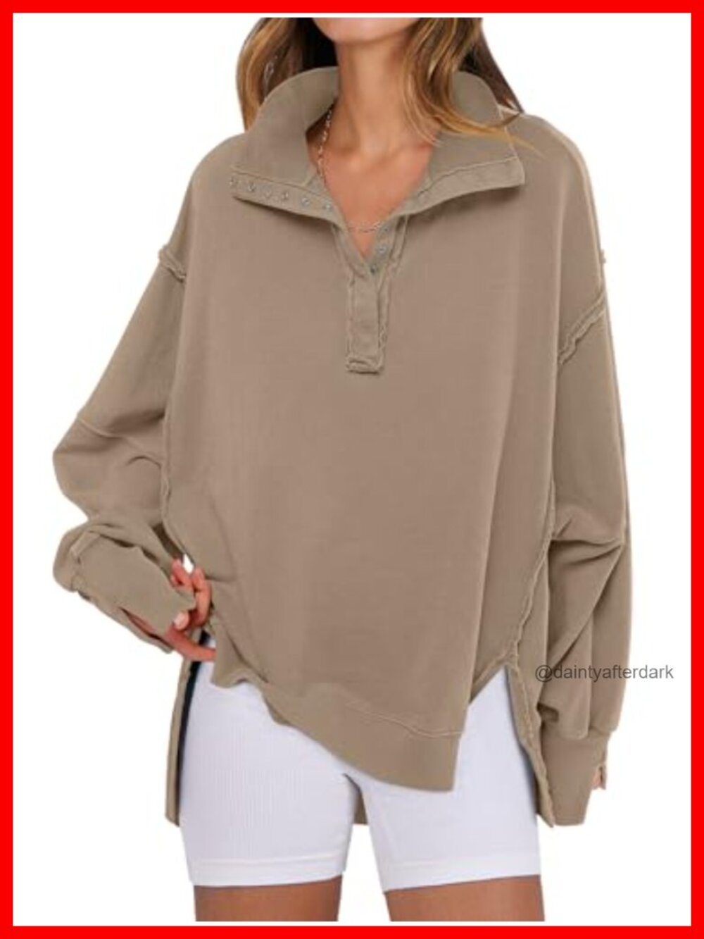 Oversized Henley Sweatshirt Pullover Top Casual Fall Button Neck
